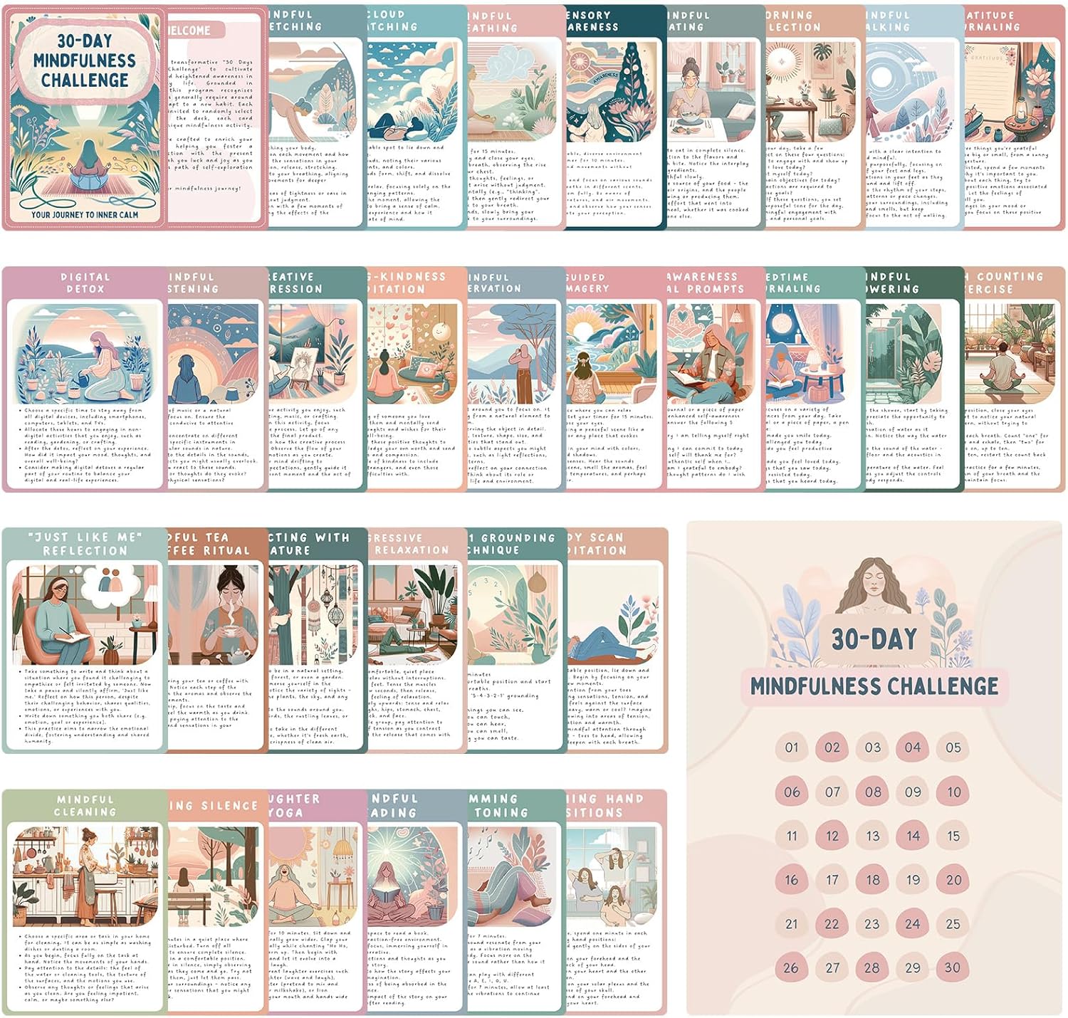 Unlock Calm: 30 Day Mindfulness Challenge Cards for Stress Relief and Anxiety Management